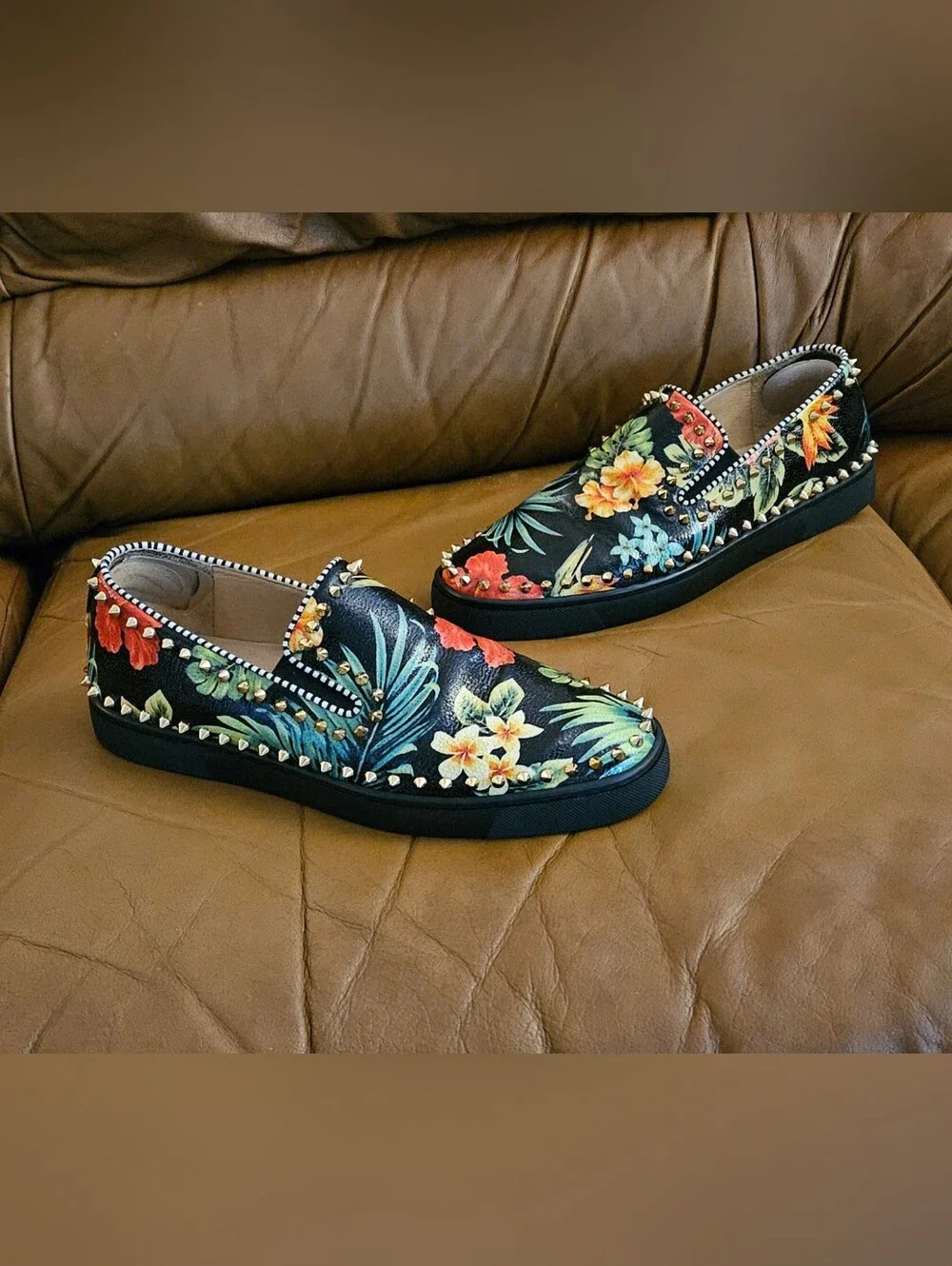 Men's Christian Louboutin Floral Spike-Studded Slip-On Loafers Size 11 US